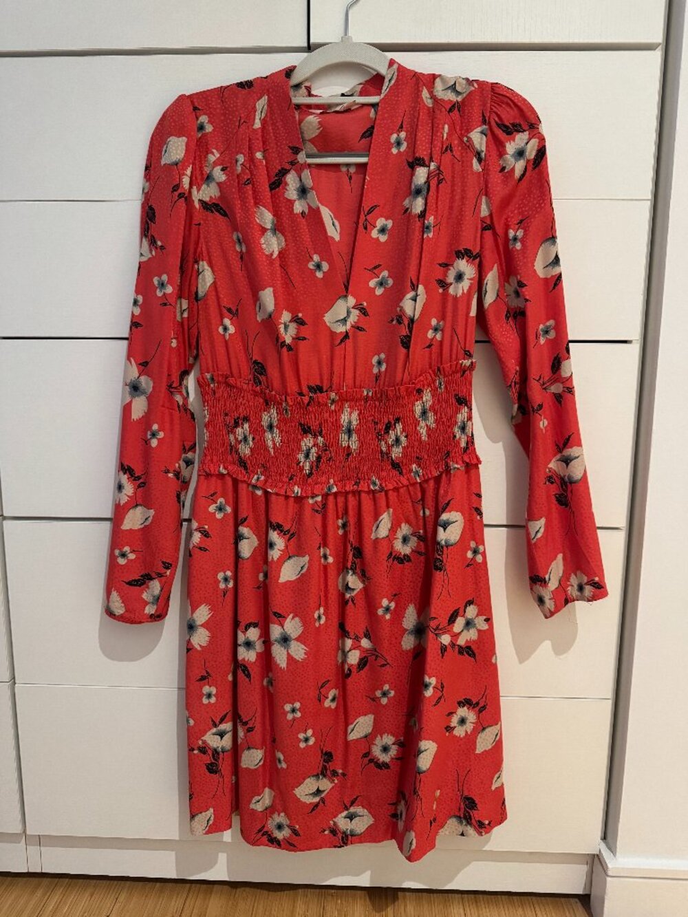 Rebecca Taylor Silk Blend Coral Floral Smocked Long Sleeve Dress 0 (fits 2-4)